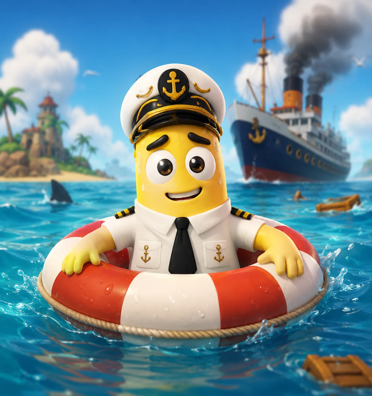 The Water Is Fine key art: a nervous captain in a life ring, with a ship behind him